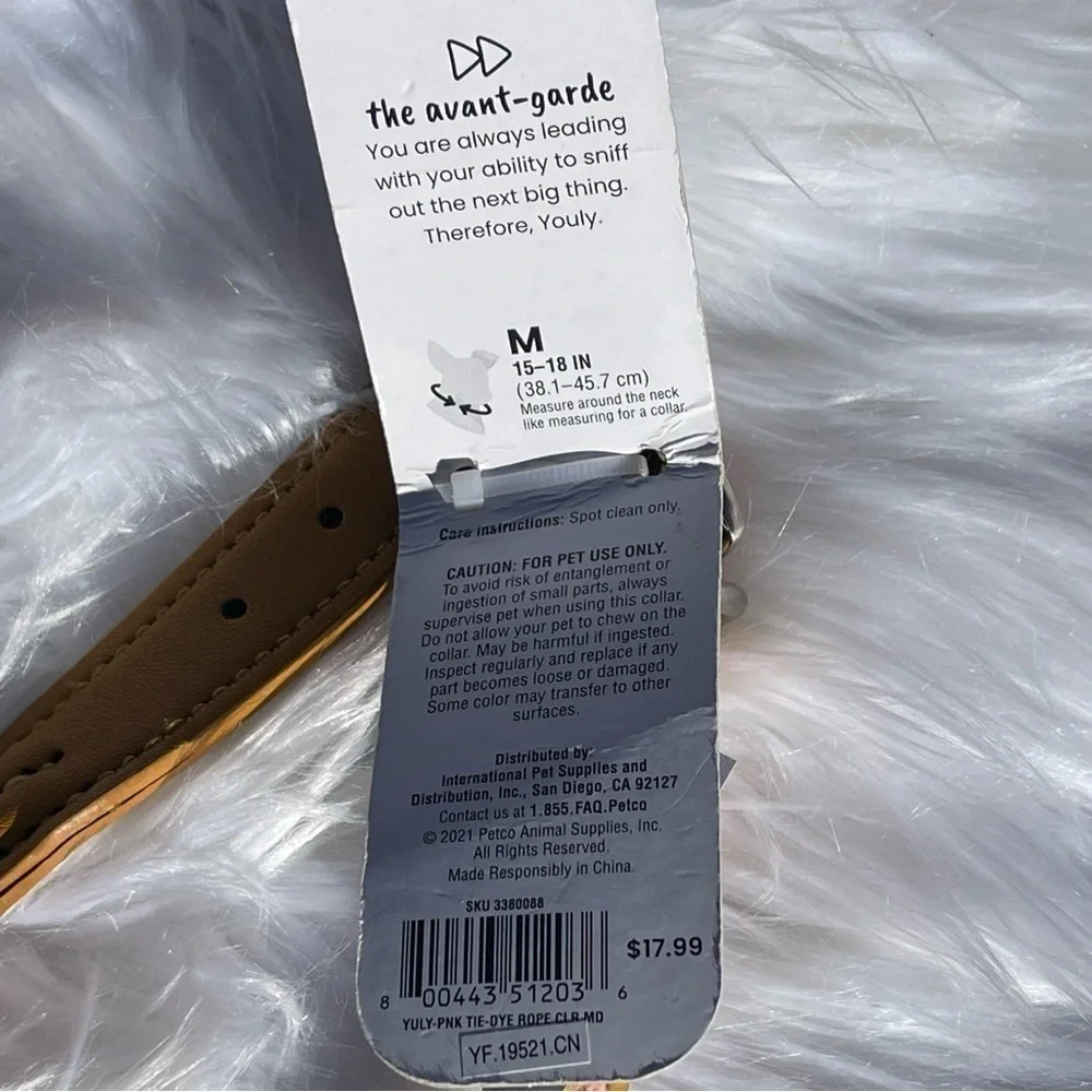 NWT Youly Faux Leather & Rope Tie Dye Dog Collar Size Medium 15”-18”